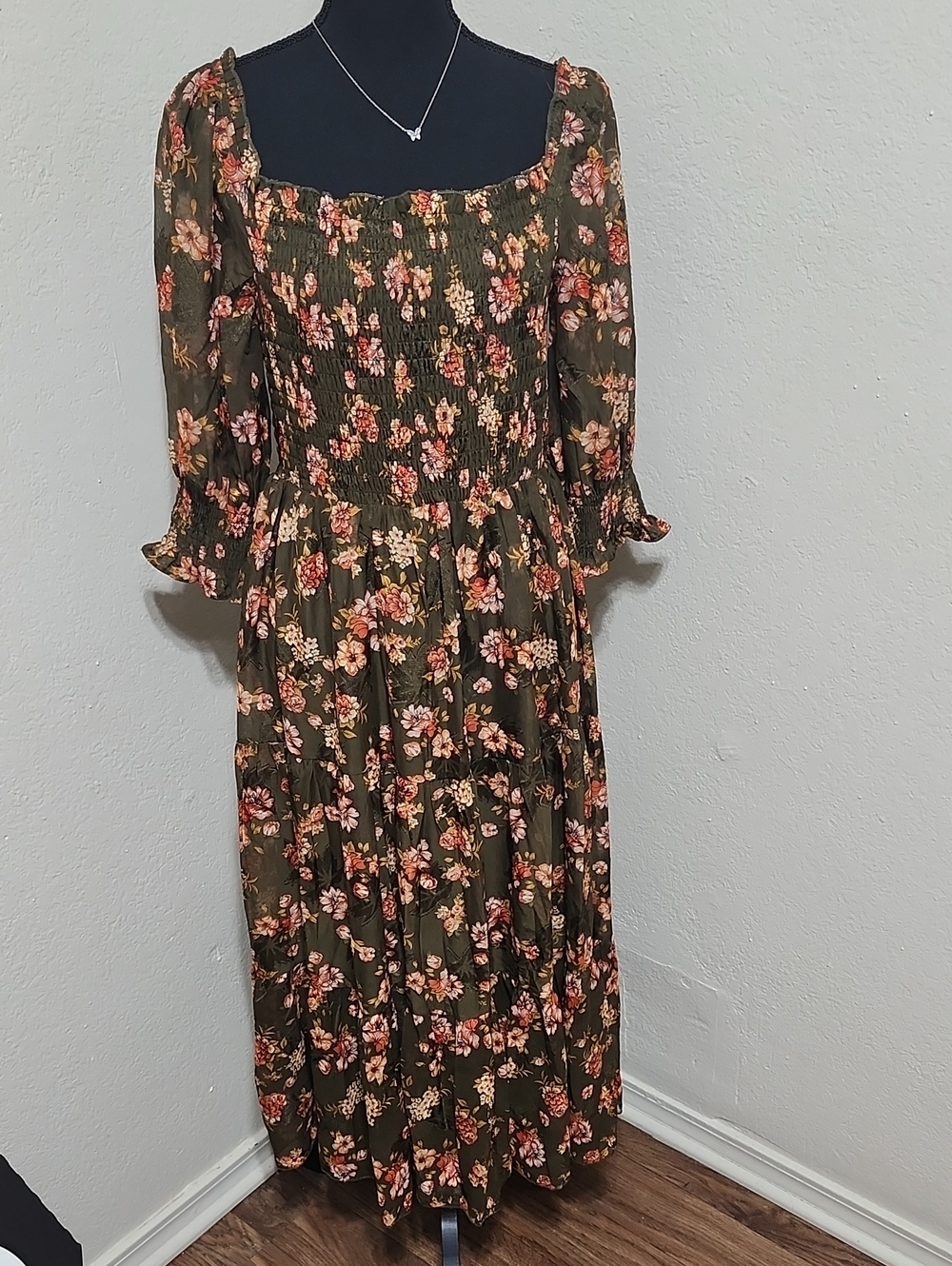Baltic Born Olive Green Floral Maxi Dress with Pink & Cream Flowers